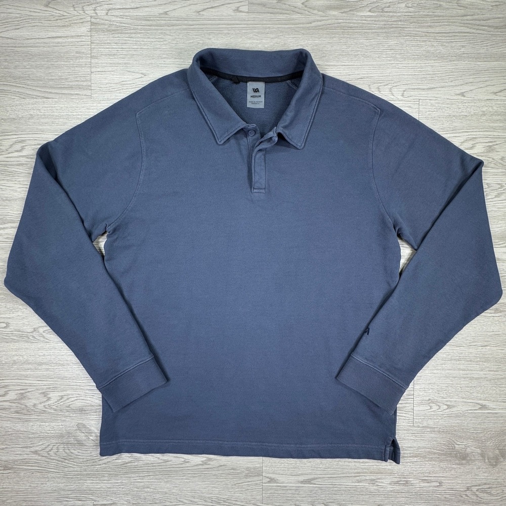 VRST Men's Washed Terry Long Sleeve Polo Blue Medium 100% Cotton Casual